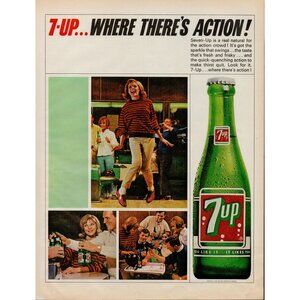 7-UP Carbonated Soft Drink 1965 Vintage Print Ad "WHERE THERE'S ACTION!" (L17)